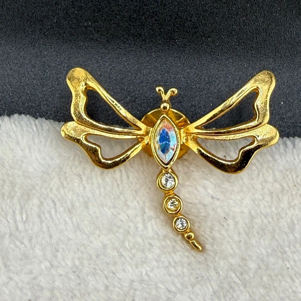 Vintage Avon Dragonfly Pin Gold Tone AB Crystal Rhinestone Small